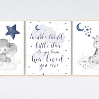 Nursery decor elephant, navy nursery decor, twinkle twinkle little star, giraffe, moon and stars, navy blue nursery art, elephant nursery