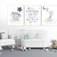 Nursery decor elephant, navy nursery decor, twinkle twinkle little star, giraffe, moon and stars, navy blue nursery art, elephant nursery