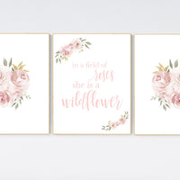 In a field of roses she is a wildflower, Nursery decor girl blush, nursery decor girl floral, rose, blush pink,  nursery decor flower