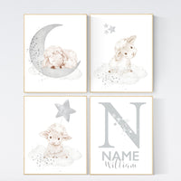 Sheep nursery decor, Gray nursery decor, nursery decor lambs, nursery wall art sheep, moon and cloud wall art nursery gender neutral nursery