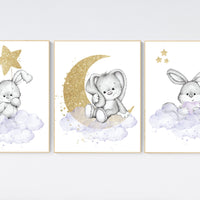 Bunny nursery wall art, Purple nursery decor, Nursery decor girl flower bunny, lilac, lavender, bunny print nursery girl, rabbit print