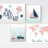 Adventure awaits nursery, Mountain art print set, coral navy mint, Adventure nursery, coral mint girl, airplane, world map, hot air balloon