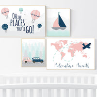 Adventure awaits nursery, Mountain art print set, coral navy mint, Adventure nursery, coral mint girl, airplane, world map, hot air balloon