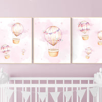 Hot air balloon nursery girls, Nursery decor girl, hot air balloon art for nursery, pink nursery prints, girls room wall decor, girl nursery