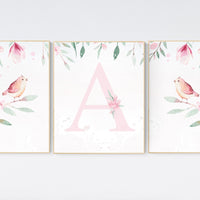 Baby girl wall decor, Girl nursery decor, bird nursery wall art, floral nursery, flower nursery, Baby Girl Nursery Wall Decor, Bird Theme