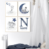 Nursery decor boy elephant, animal nursery, bunny nursery art, navy blue, bear nursery, giraffe baby room wall art, boy room, navy gray grey