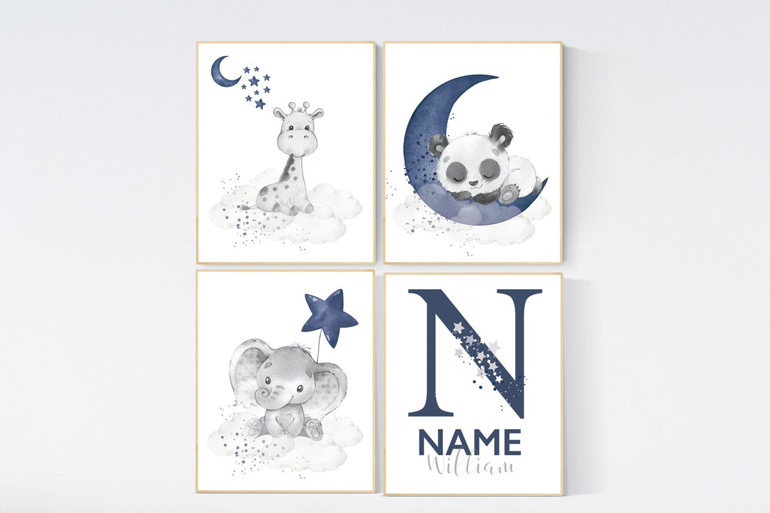 Nursery decor boy elephant, animal nursery, bunny nursery art, navy blue, bear nursery, giraffe baby room wall art, boy room, navy gray grey