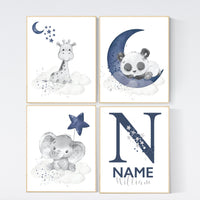 Nursery decor boy elephant, animal nursery, bunny nursery art, navy blue, bear nursery, giraffe baby room wall art, boy room, navy gray grey