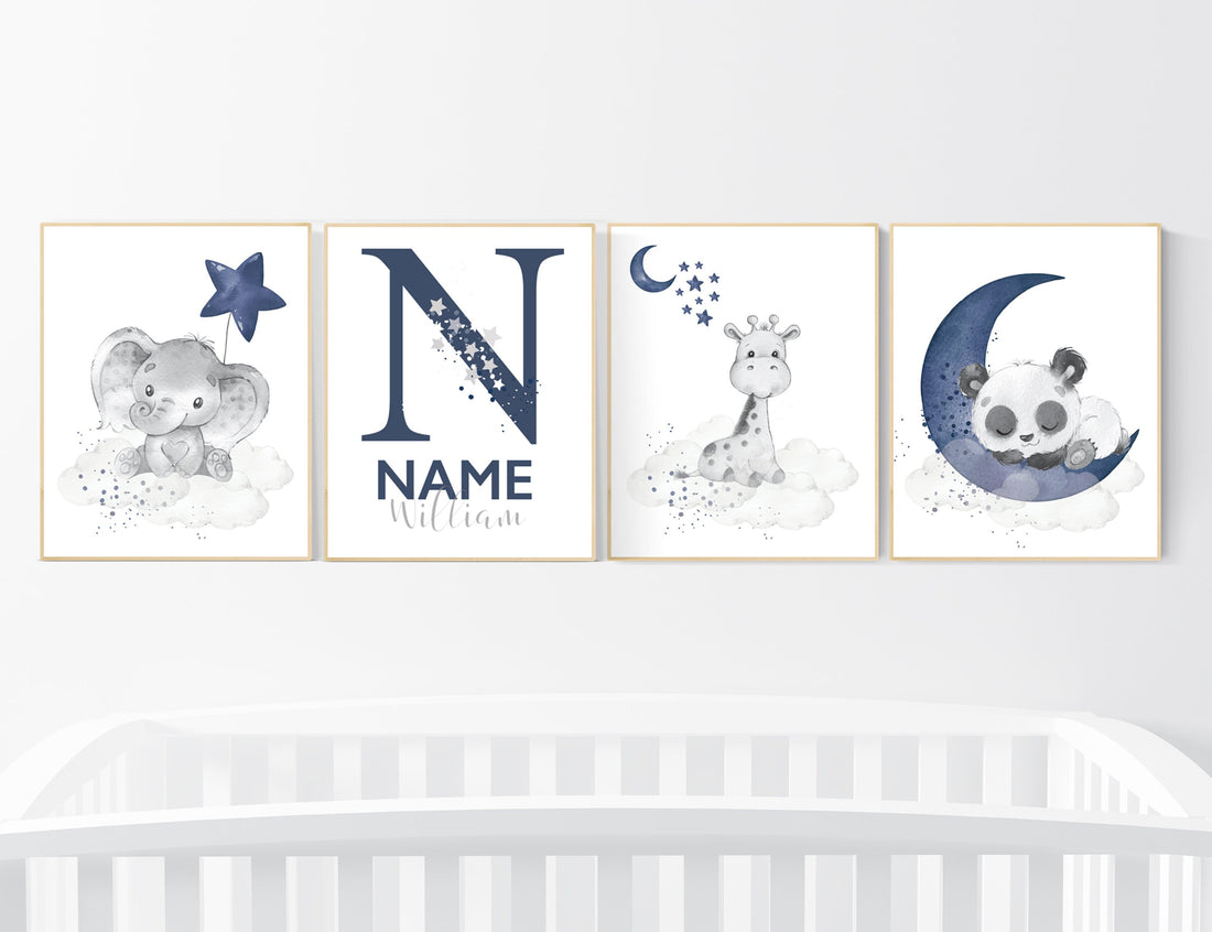 Nursery decor boy elephant, animal nursery, bunny nursery art, navy blue, bear nursery, giraffe baby room wall art, boy room, navy gray grey