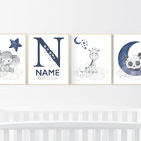 Nursery decor boy elephant, animal nursery, bunny nursery art, navy blue, bear nursery, giraffe baby room wall art, boy room, navy gray grey