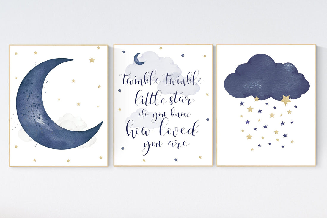Navy nursery decor, cloud and stars, twinkle twinkle little star, navy gold nursery art. baby room wall art, boy nursery decor, set of 3