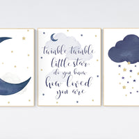 Navy nursery decor, cloud and stars, twinkle twinkle little star, navy gold nursery art. baby room wall art, boy nursery decor, set of 3