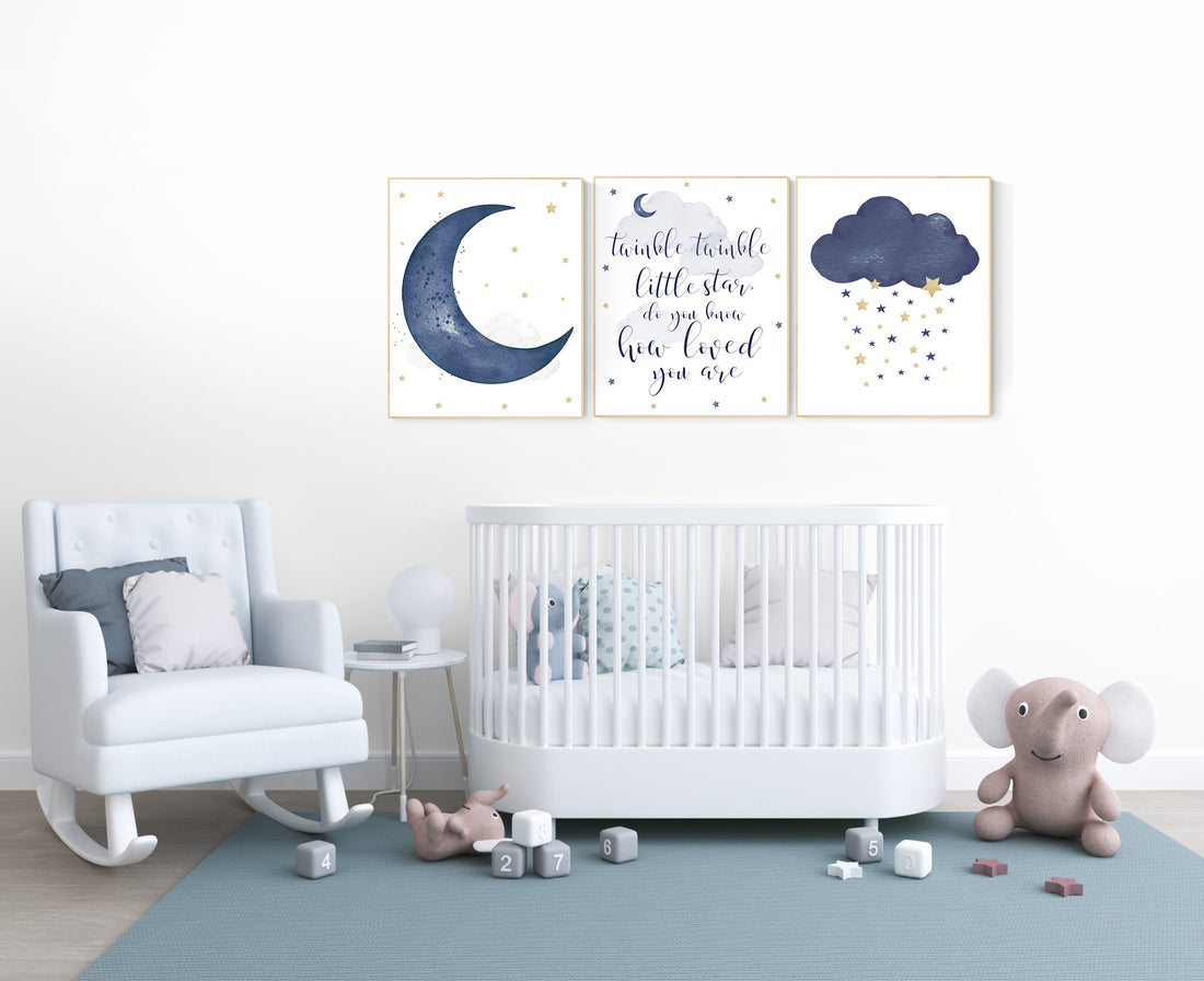 Navy nursery decor, cloud and stars, twinkle twinkle little star, navy gold nursery art. baby room wall art, boy nursery decor, set of 3