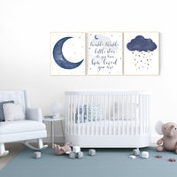 Navy nursery decor, cloud and stars, twinkle twinkle little star, navy gold nursery art. baby room wall art, boy nursery decor, set of 3
