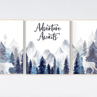 Nursery decor woodland, mountain wall art, tree nursery decor, adventure theme nursery, forest, navy and baby blue, woodland animals