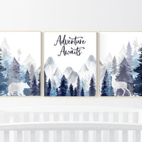 Nursery decor woodland, mountain wall art, tree nursery decor, adventure theme nursery, forest, navy and baby blue, woodland animals