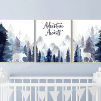 Nursery decor woodland, mountain wall art, tree nursery decor, adventure theme nursery, forest, navy and baby blue, woodland animals