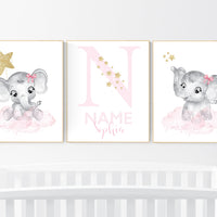 Girl nursery decor, pink and gold, elephant nursery prints, nursery wall art girl, baby girl elephant nursery decor, name nursery, pink gold