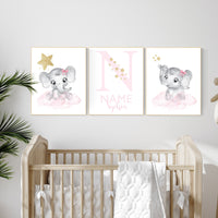 Girl nursery decor, pink and gold, elephant nursery prints, nursery wall art girl, baby girl elephant nursery decor, name nursery, pink gold