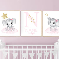 Girl nursery decor, pink and gold, elephant nursery prints, nursery wall art girl, baby girl elephant nursery decor, name nursery, pink gold