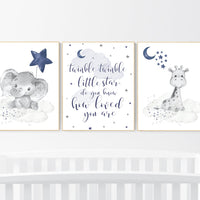 Nursery decor elephant, navy nursery decor, twinkle twinkle little star, giraffe, moon and stars, navy blue nursery art, elephant nursery