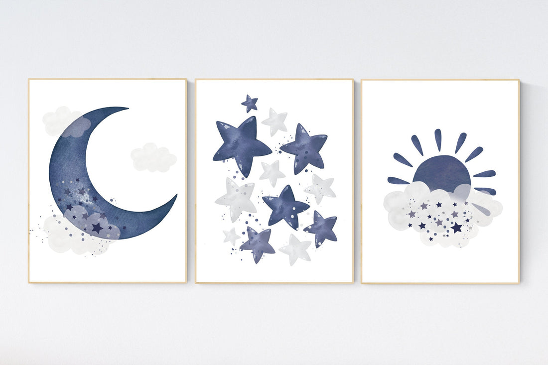 Navy nursery decor, boy nursery wall decor, sunshine, stars, moon, navy blue nursery, nursery prints boy, boy nursery art