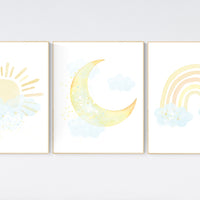 Moon and stars nursery, blue yellow, gender neutral nursery, nursery wall decor, rainbow, sun, blue and yellow, nursery wall decor, baby