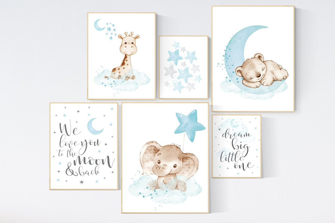 Nursery decor animals, teal nursery, Gender neutral nursery wall art, elephant, giraffe, bear, teal and grey, woodland, animal prints