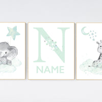 Mint nursery decor, elephant nursery, name print, giraffe nursery, mint green nursery, moon and stars nursery, gender neutral nursery