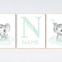 Mint nursery decor, elephant nursery, name print, mint green nursery decor, mint green nursery, moon and stars nursery, gender neutral