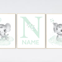 Animal nursery, Mint nursery decor, elephant nursery, name print, mint green nursery decor, mint green, moon and stars, gender neutral