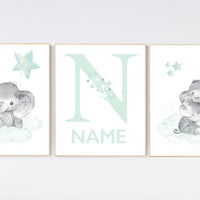 Mint nursery decor, elephant nursery, name print, mint green nursery decor, mint green nursery, moon and stars nursery, gender neutral
