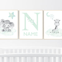 Mint nursery decor, elephant nursery, name print, giraffe nursery, mint green nursery, moon and stars nursery, gender neutral nursery