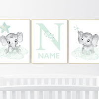 Mint nursery decor, elephant nursery, name print, mint green nursery decor, mint green nursery, moon and stars nursery, gender neutral