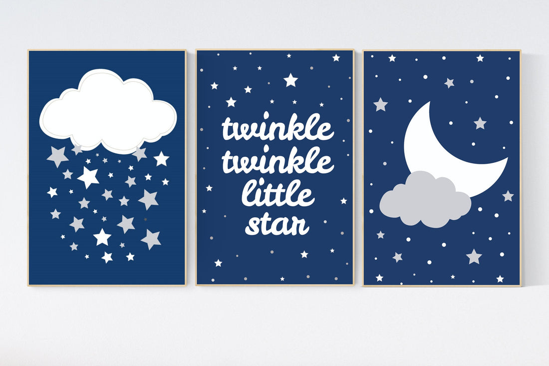 Navy nursery, twinkle twinkle little star, cloud nursery art, Baby boy nursery decor, navy gray nursery, boys room wall art, nursery prints