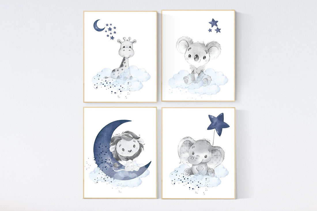 Nursery decor animals, elephant, giraffe, koala, lion, animal nursery prints, navy blue, baby room wall decor, animal prints, nursery prints