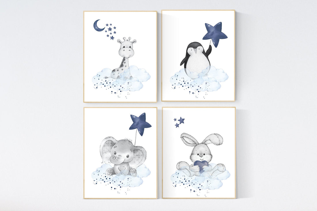 Nursery decor animals, elephant, giraffe, rabbit, penguin, bunny, animal nursery prints, navy blue, baby room wall decor, animal prints
