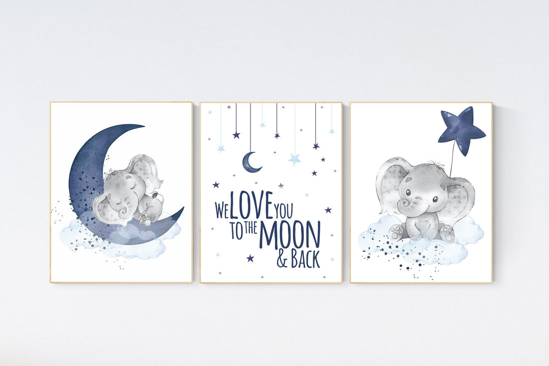 Nursery decor boy elephant, navy nursery decor, we love you to the moon and back, moon and stars, navy blue nursery art, elephant nursery