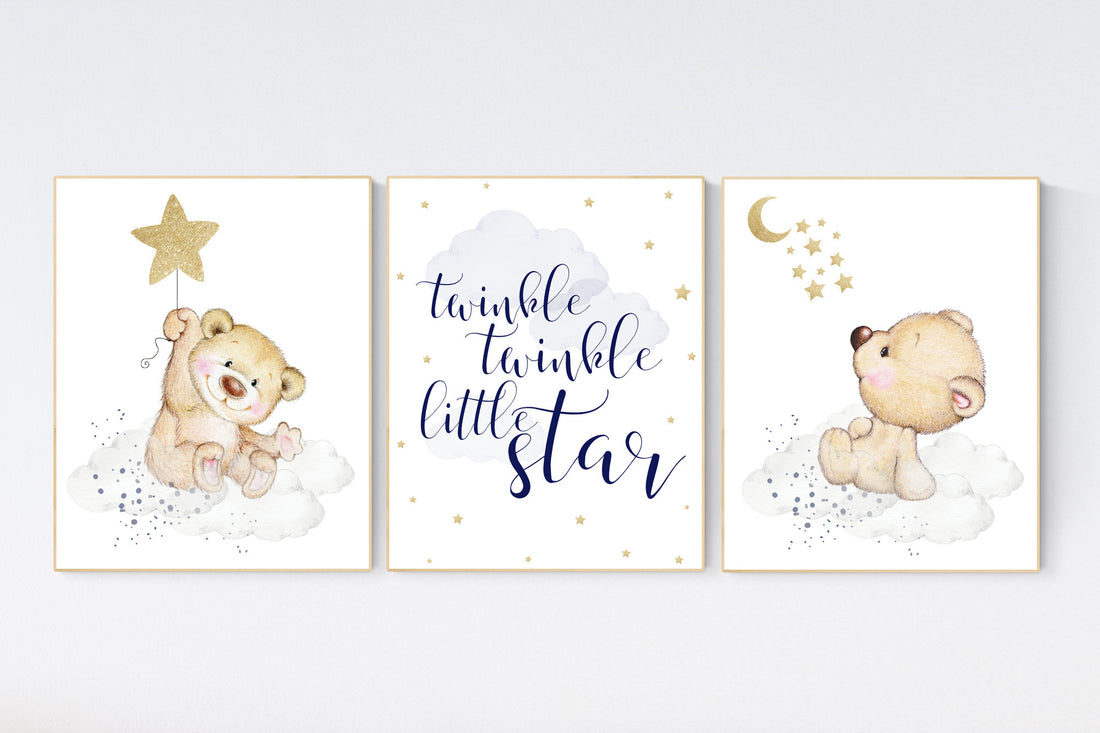 Nursery decor bear, nursery decor boy, bear nursery print, navy blue and gold, teddy bear decor, nursery wall art animals, boy nursery art