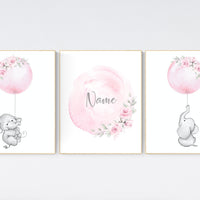 Nursery prints girl, elephant nursery, pink nursery, floral nursery, girl nursery decor flower, name, balloon nursery, baby girl room decor