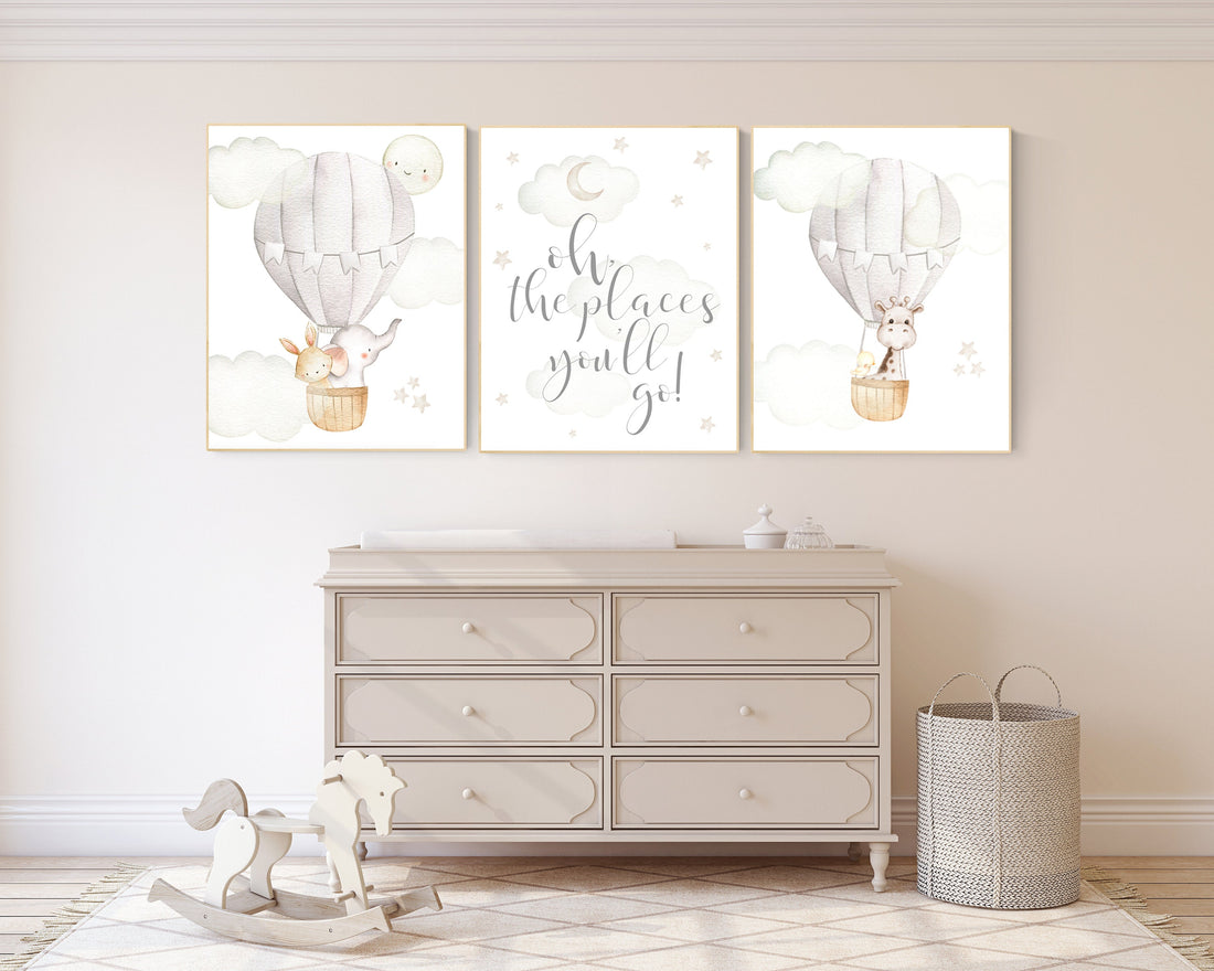 Nursery decor gender neutral, hot air balloon, elephant nursery, woodland animals, baby room decor, animal nursery, hot air balloons