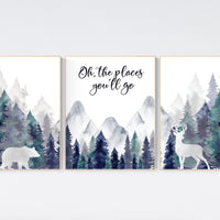 Woodland nursery decor, mountain wall art, tree nursery decor, adventure theme nursery, forest, navy and teal, woodland animals, woodland