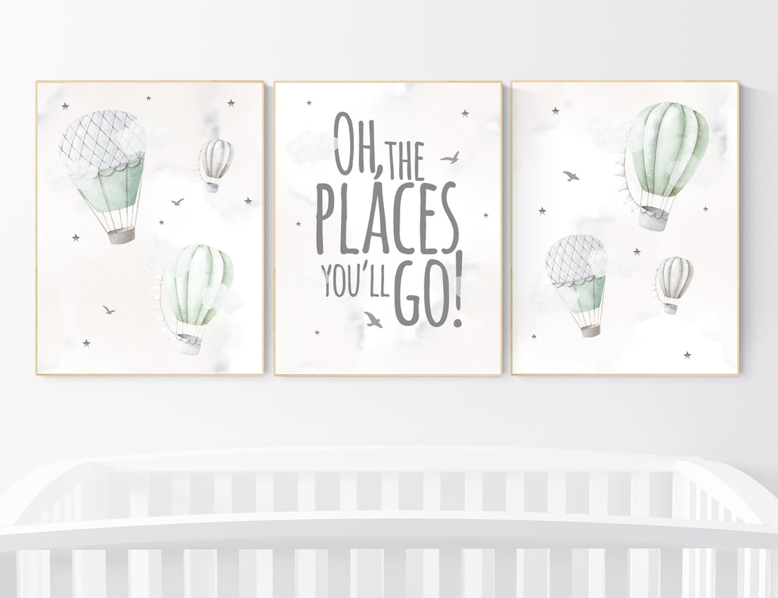 Nursery decor gender neutral, sage green, hot air balloon, green nursery, baby room decor, nursery prints, travel theme nursery, adventure