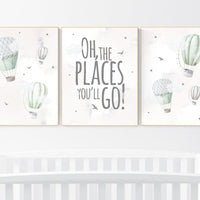 Nursery decor gender neutral, sage green, hot air balloon, green nursery, baby room decor, nursery prints, travel theme nursery, adventure