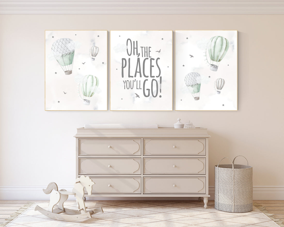 Nursery decor gender neutral, sage green, hot air balloon, green nursery, baby room decor, nursery prints, travel theme nursery, adventure