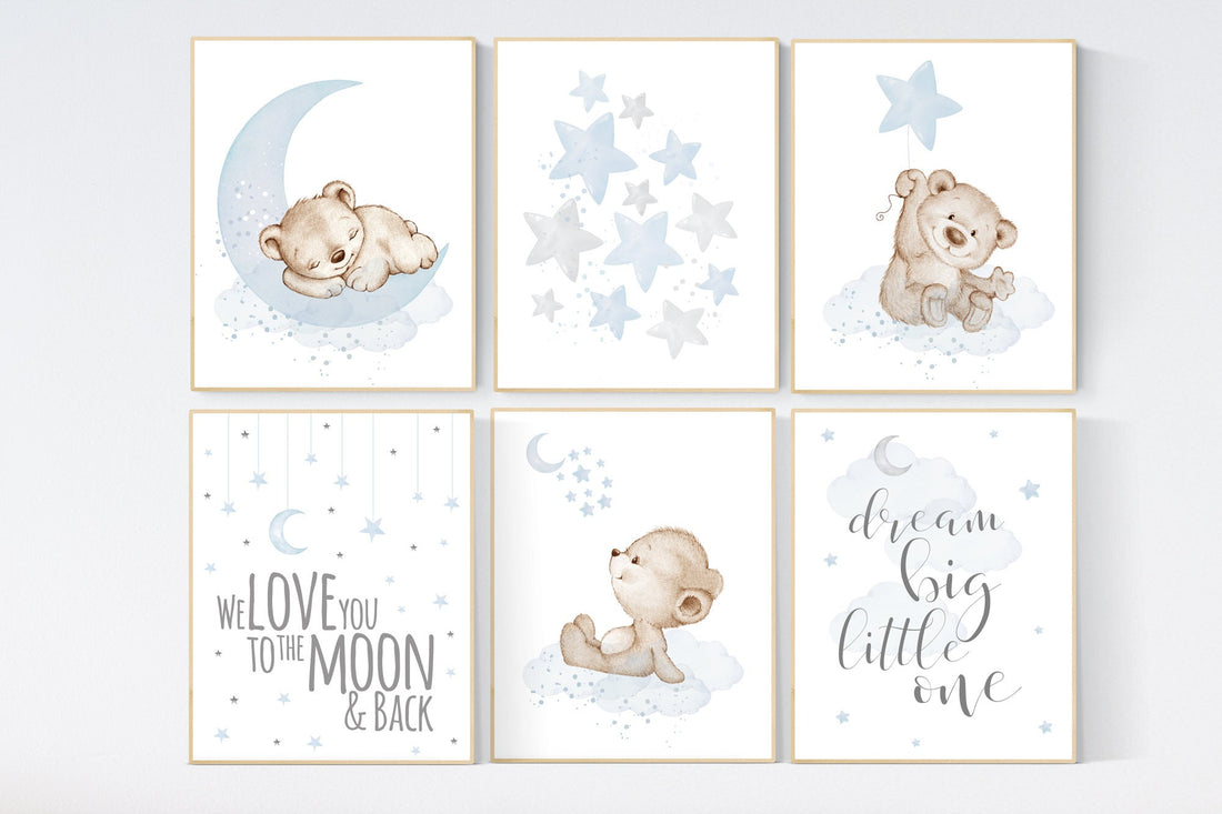 Nursery decor boy bear, grey blue, boys nursery prints, nursery decor boy ideas, blue beige, baby blue, dream big little one, set of 6