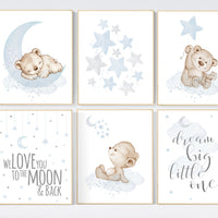 Nursery decor boy bear, grey blue, boys nursery prints, nursery decor boy ideas, blue beige, baby blue, dream big little one, set of 6