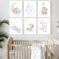 Nursery decor boy bear, grey blue, boys nursery prints, nursery decor boy ideas, blue beige, baby blue, dream big little one, set of 6