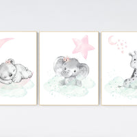 Nursery decor girl pink mint, Nursery wall art girl elephant, pink and mint, moon, stars, nursery prints, baby room decor, girl nursery