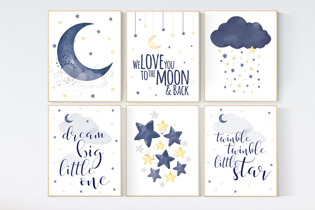 Navy yellow, nursery wall art, Nursery decor, set of 6, yellow and navy blue, moon and stars nursery, baby room wall art, nursery prints